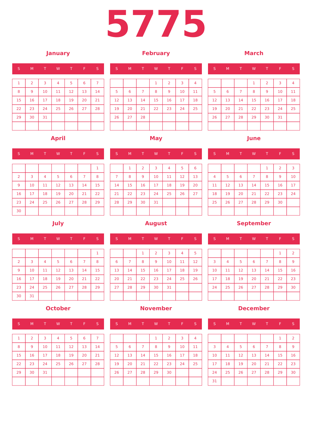 Printable 5775 Year Calendars amaranth