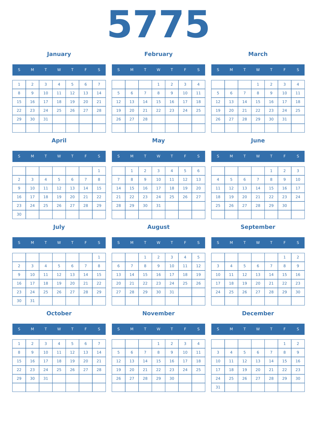 Printable 5775 Year Calendars blue