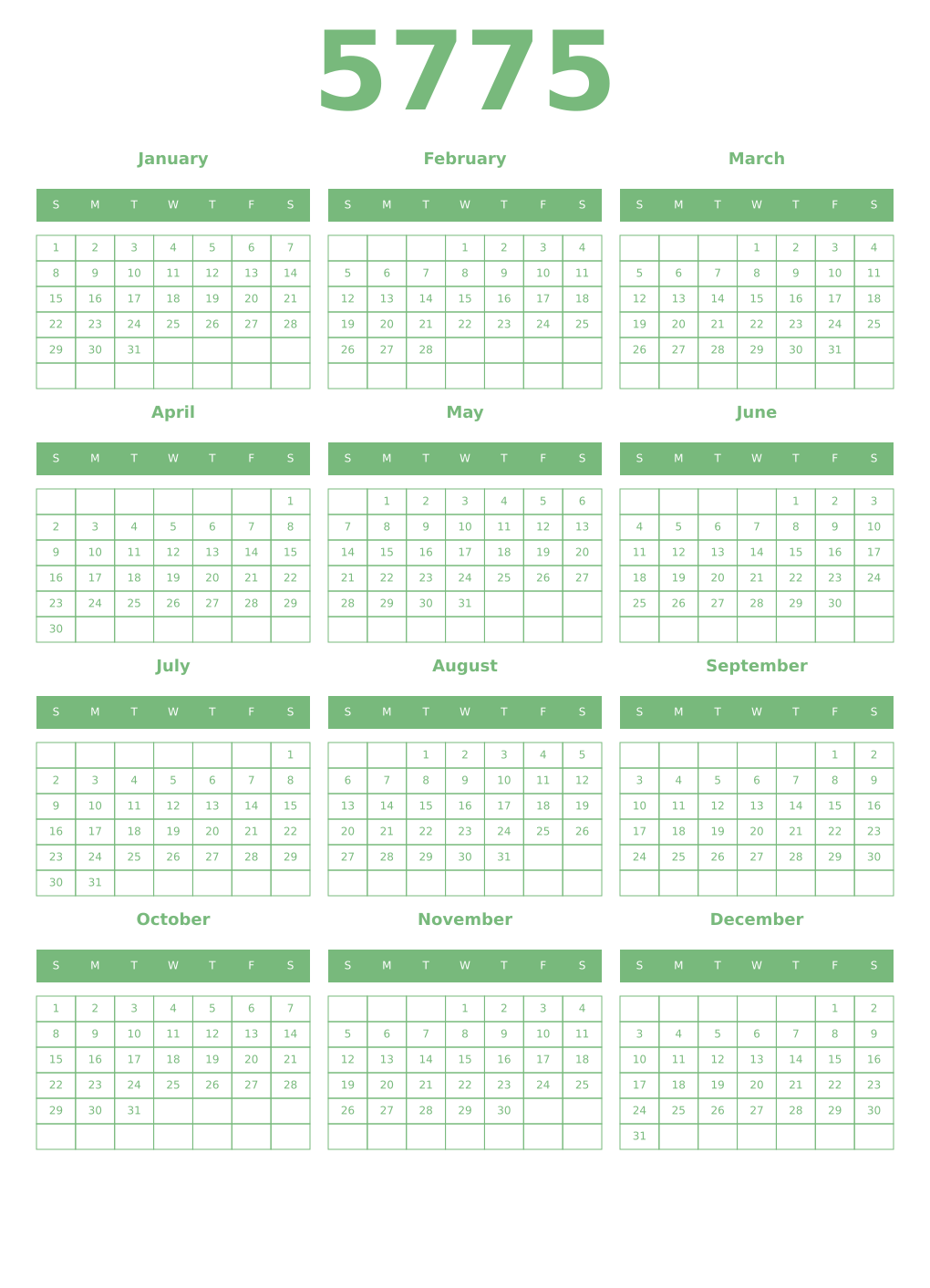 Printable 5775 Year Calendars celadon