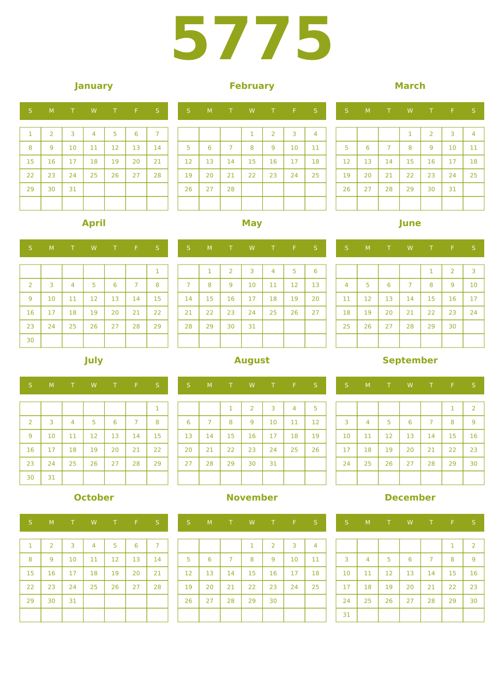 Printable 5775 Year Calendars chartreuse