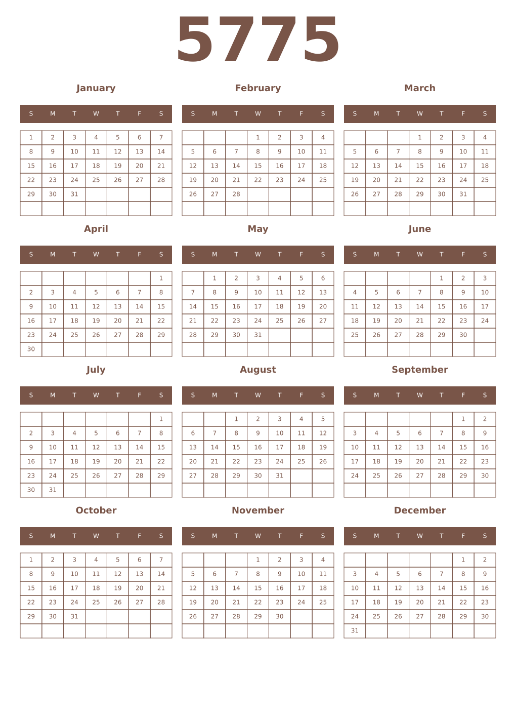Printable 5775 Year Calendars coffe