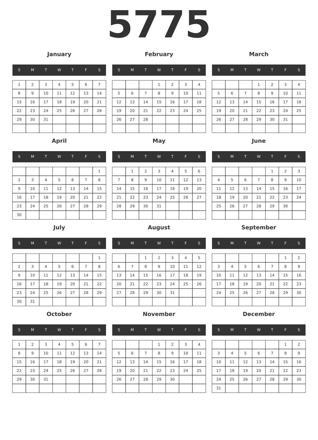 Printable 5775 Year Calendars dark