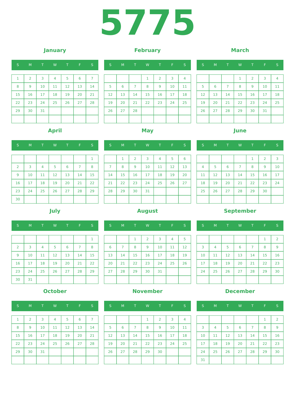 Printable 5775 Year Calendars green