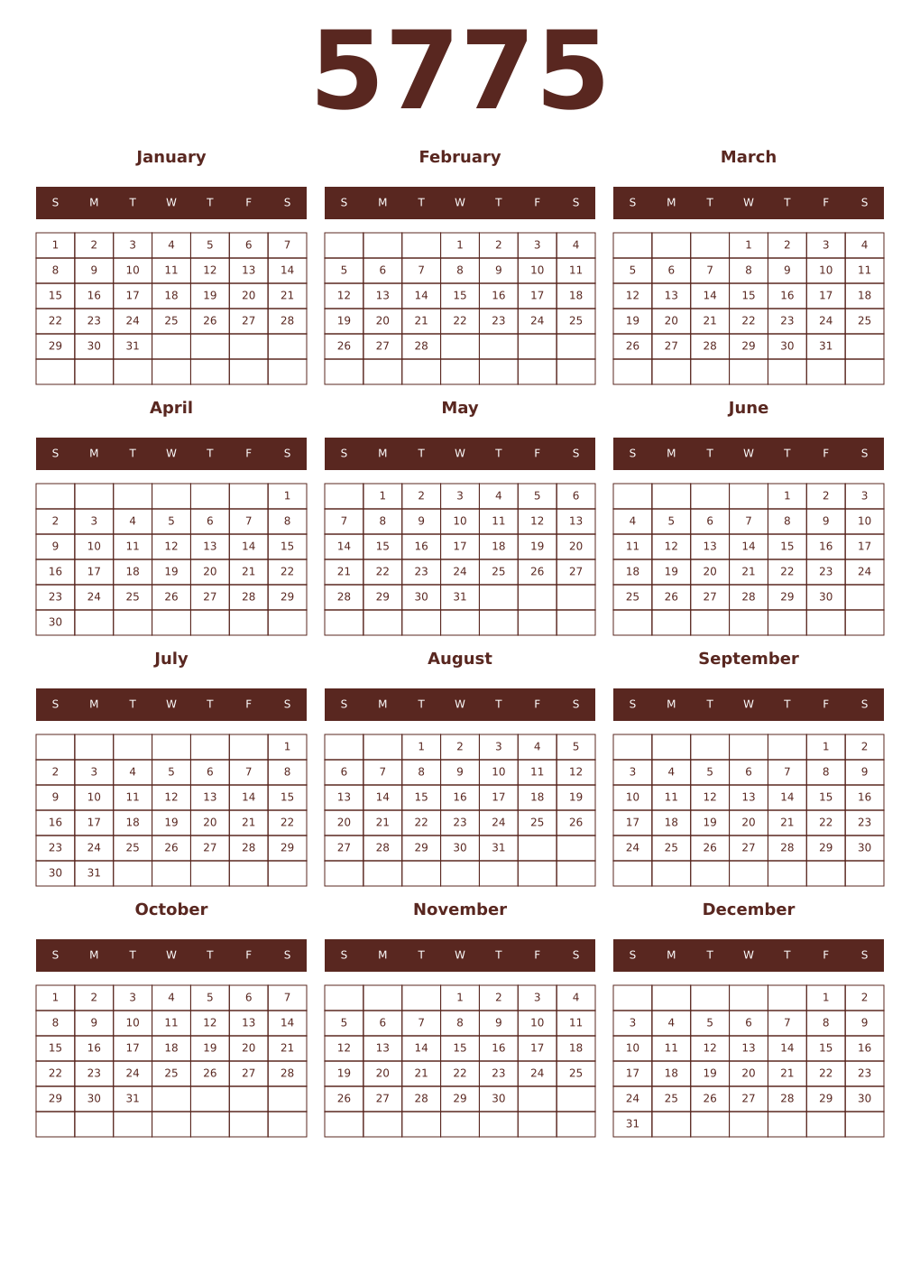 Printable 5775 Year Calendars mortuum