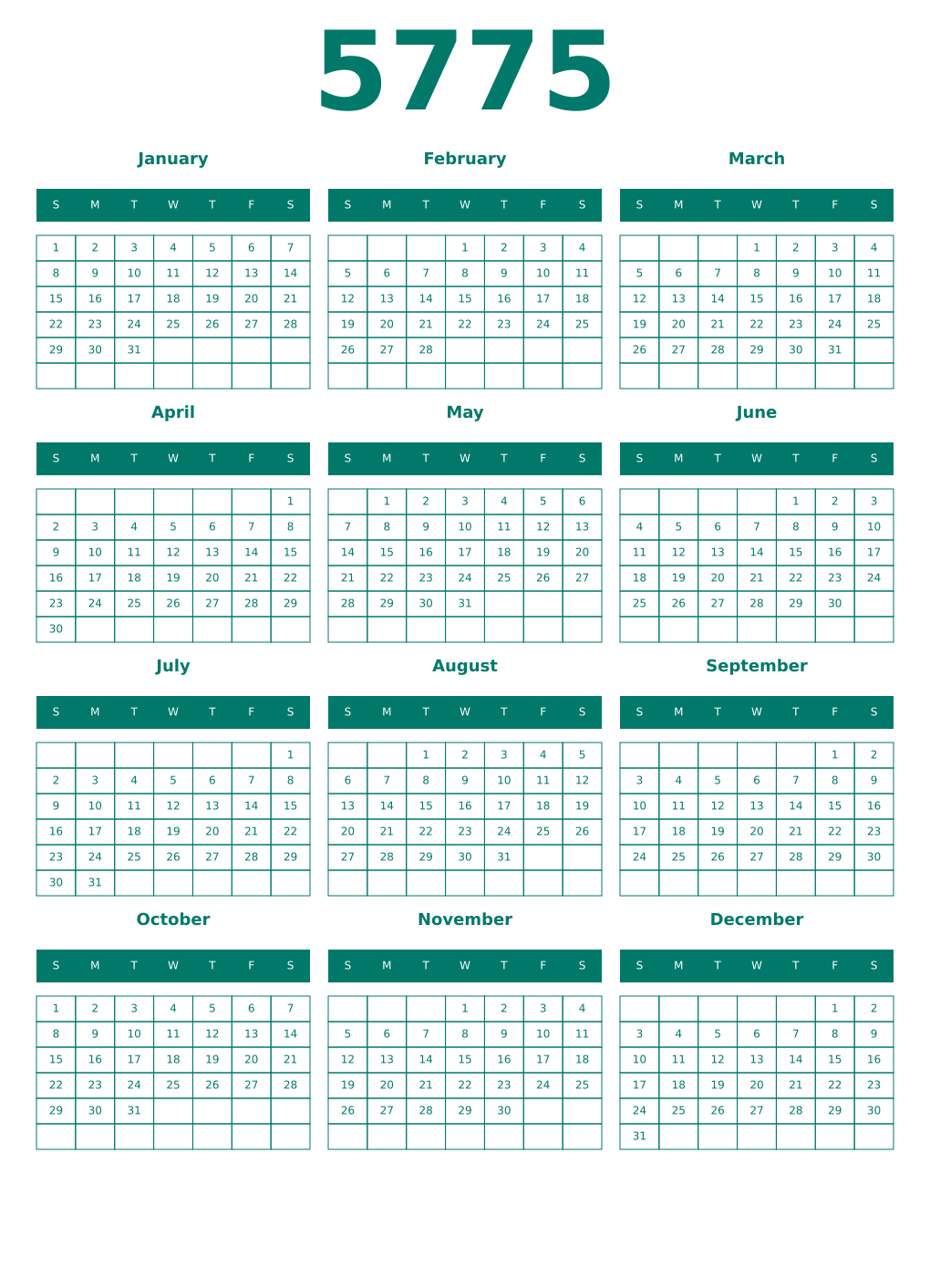 Printable 5775 Year Calendars pastel