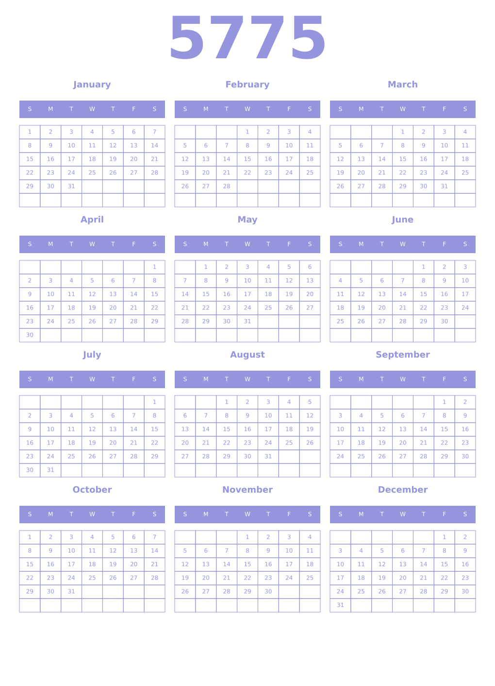 Printable 5775 Year Calendars periwinkle