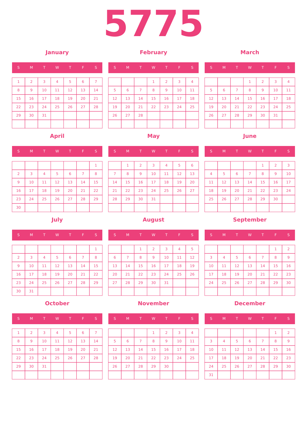 Printable 5775 Year Calendars pink