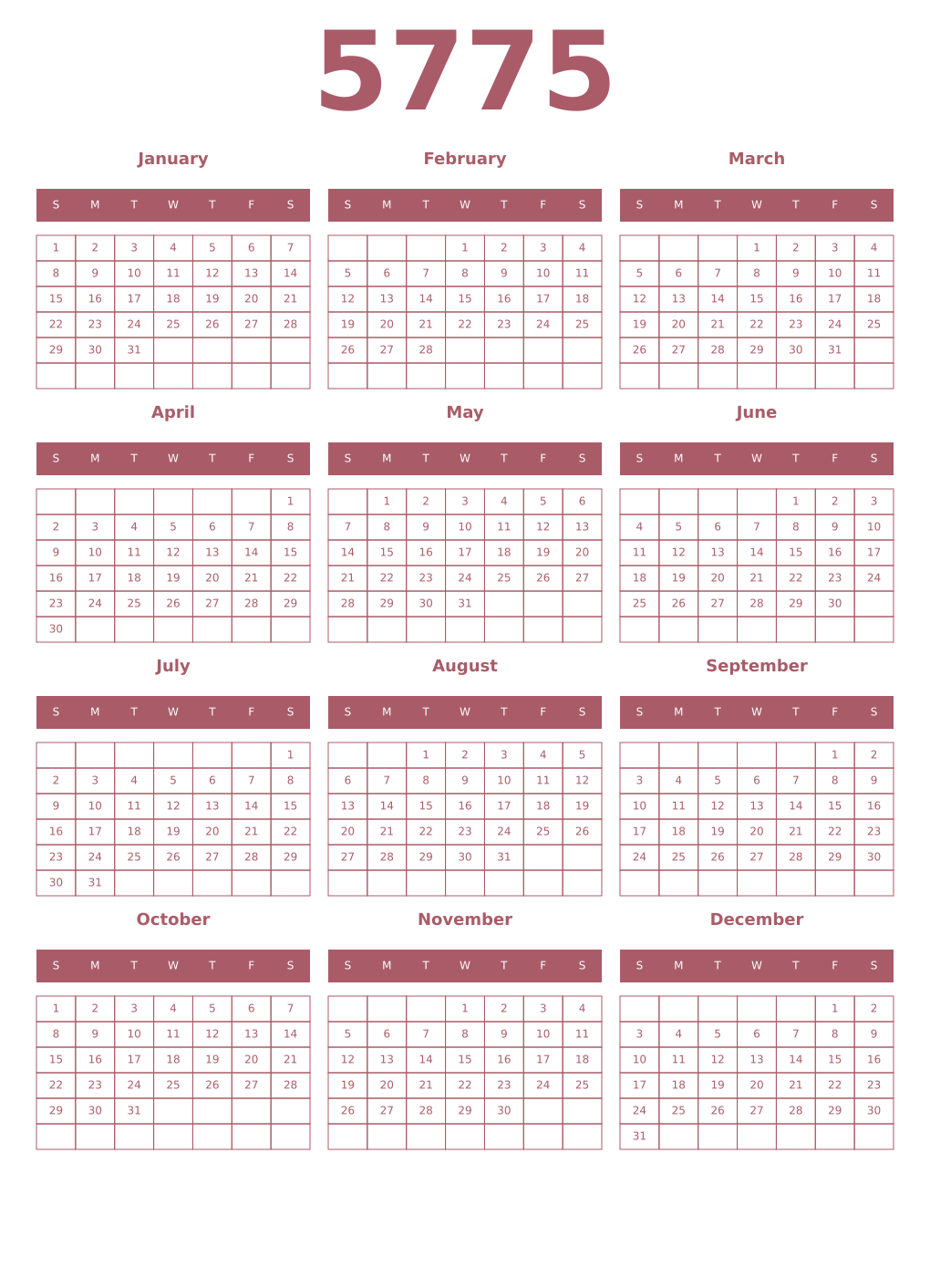 Printable 5775 Year Calendars puce