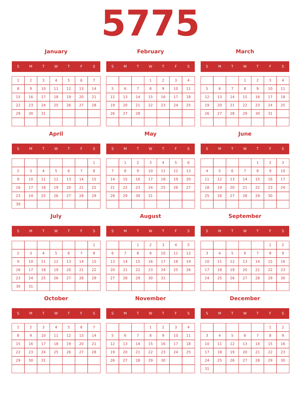 Printable 5775 Year Calendars red