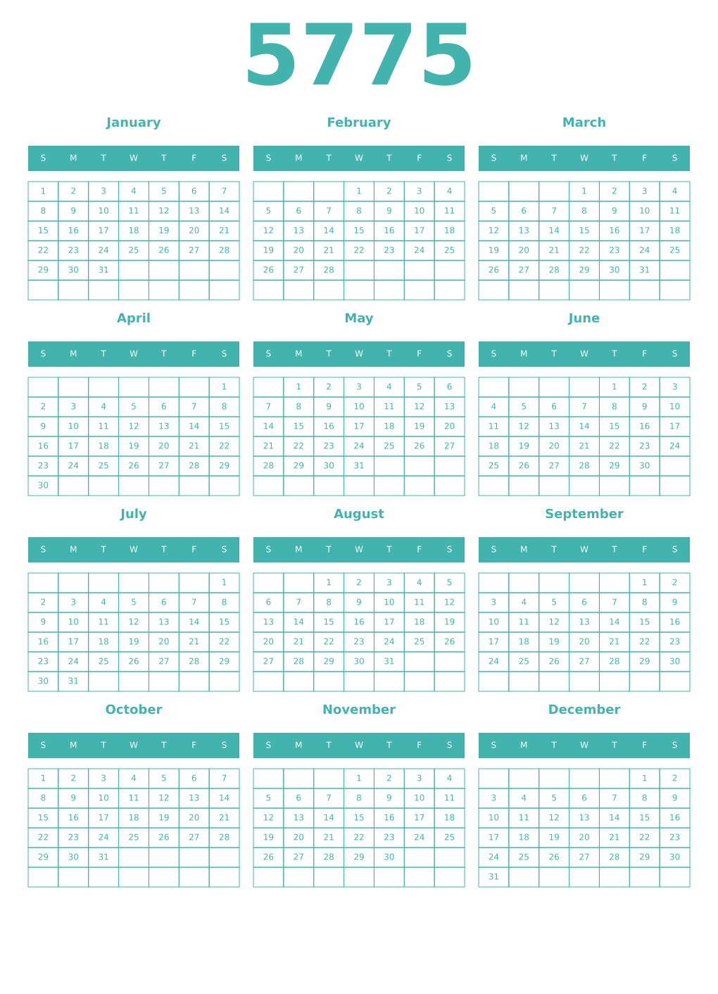 Printable 5775 Year Calendars verdigris