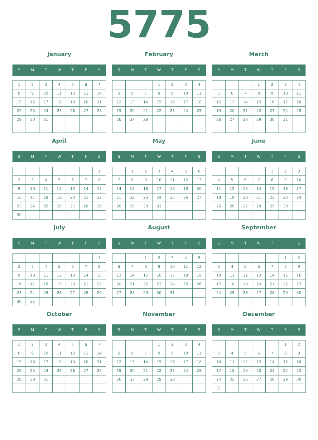 Printable 5775 Year Calendars viridian