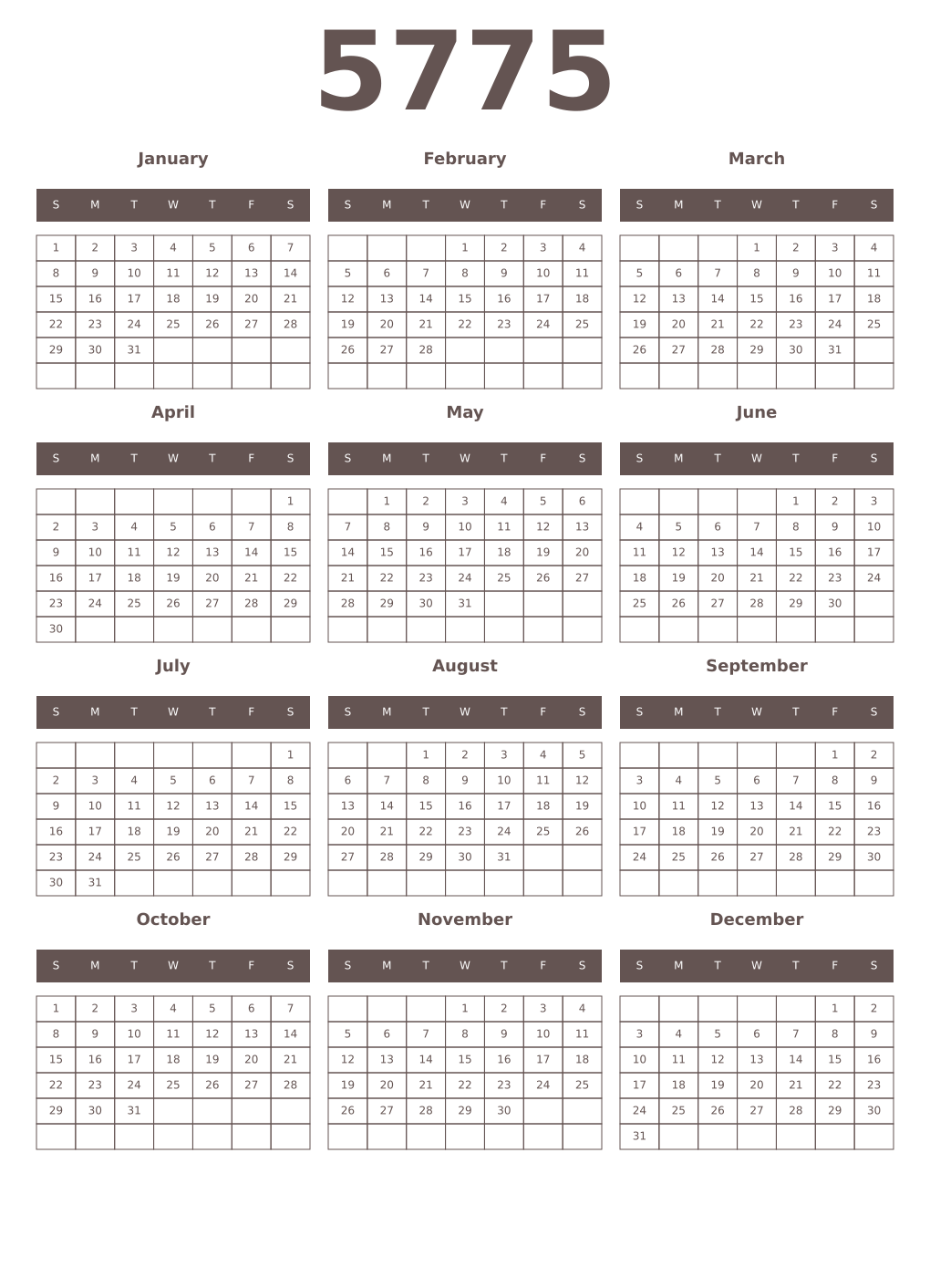 Printable 5775 Year Calendars wenge