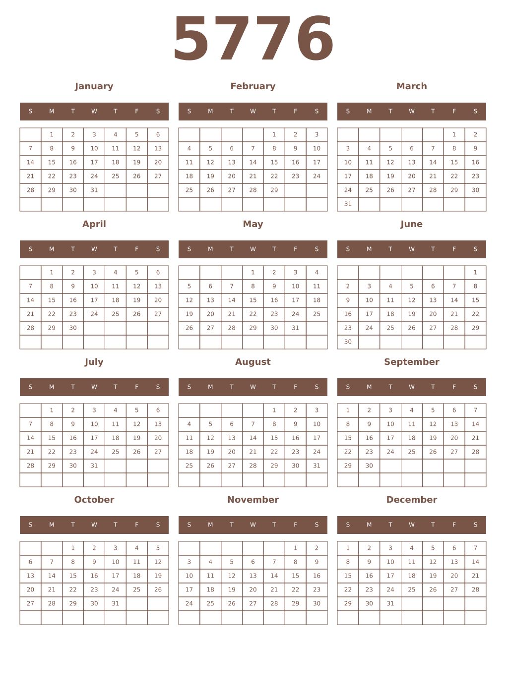 Printable 5776 Year Calendars coffe