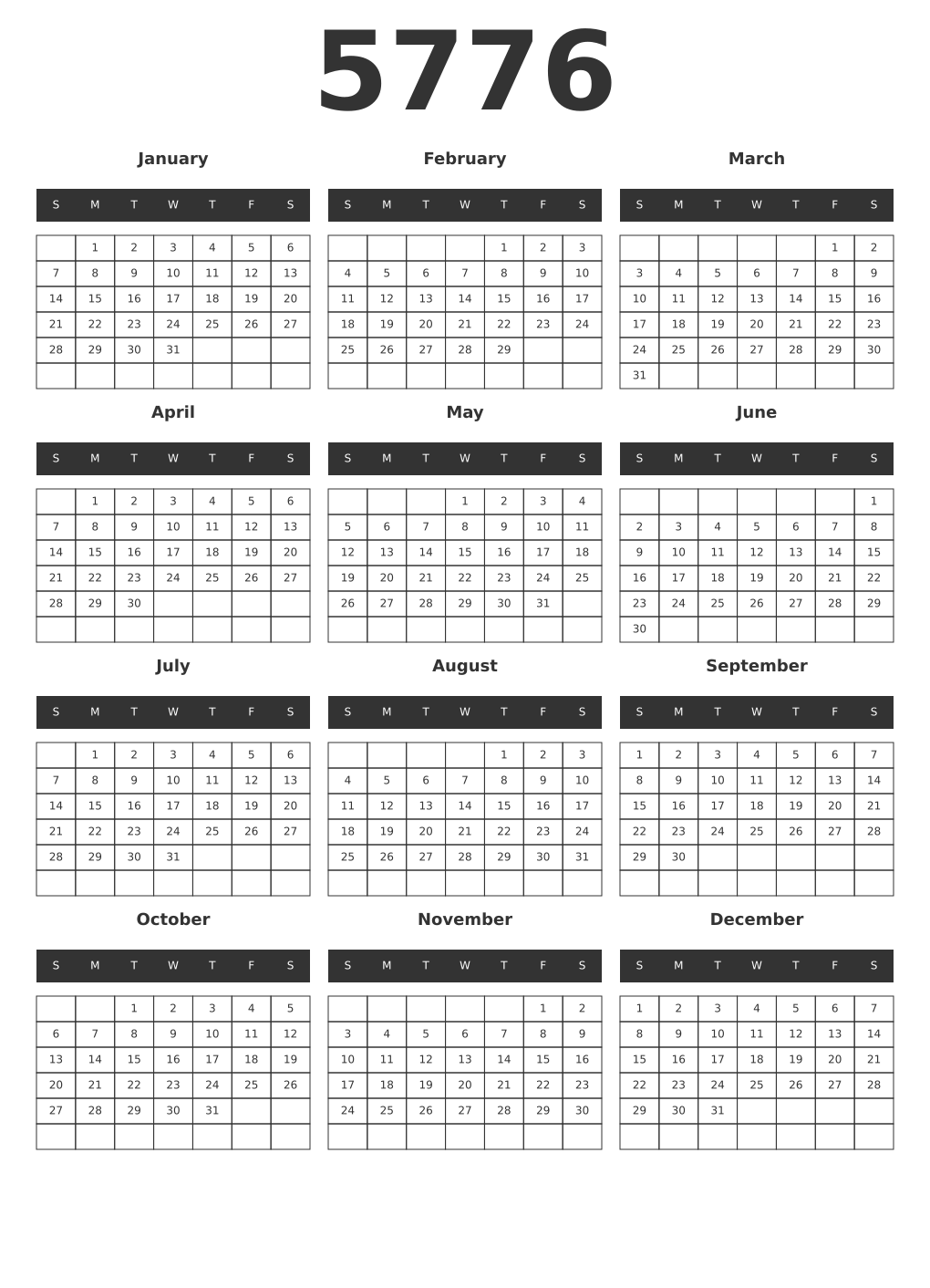 Printable 5776 Year Calendars dark