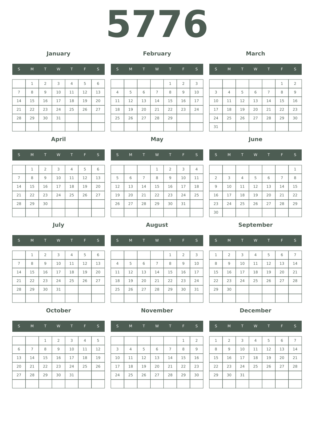 Printable 5776 Year Calendars feldgrau