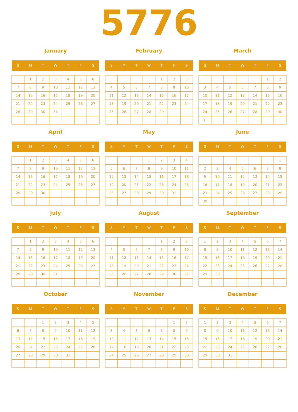 Printable 5776 Year Calendars gamboge
