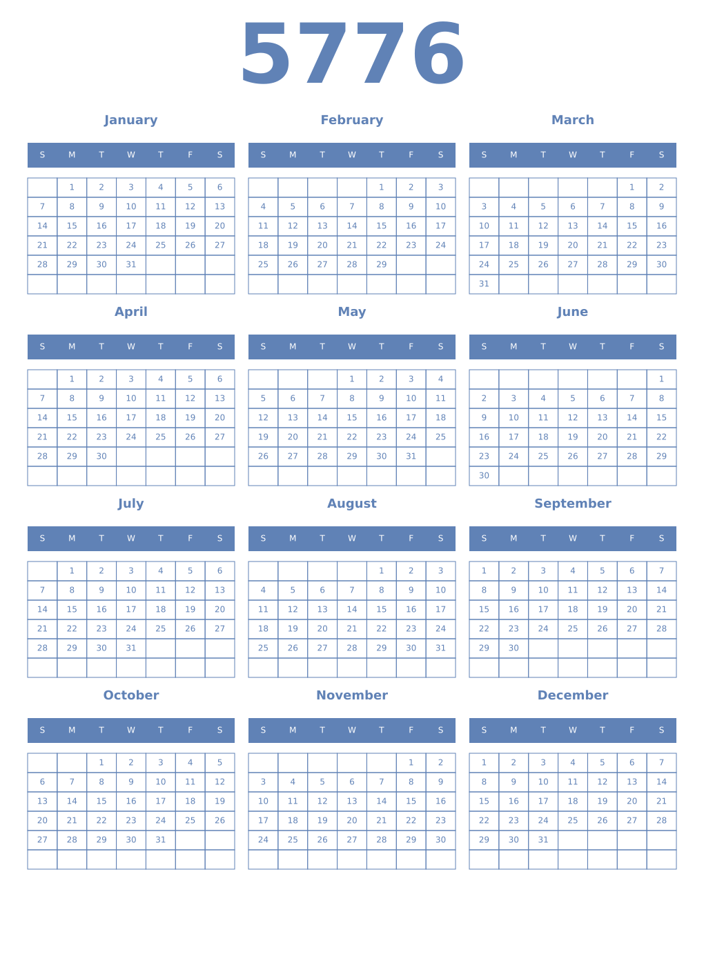 Printable 5776 Year Calendars glaucous