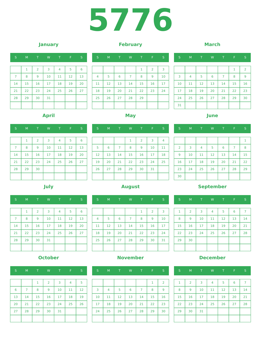 Printable 5776 Year Calendars green