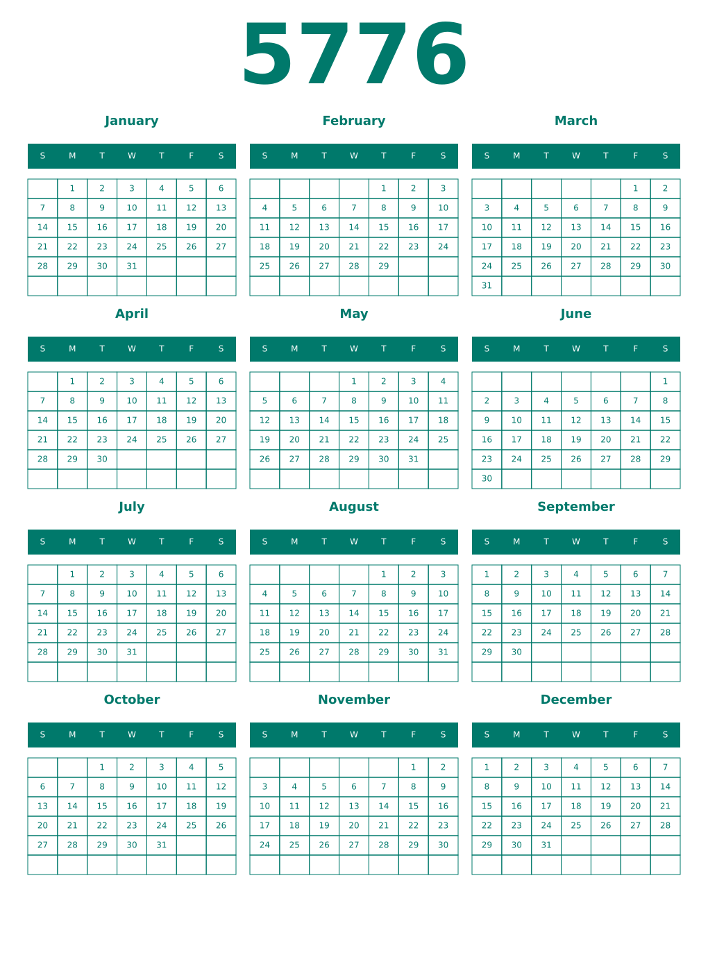 Printable 5776 Year Calendars pastel