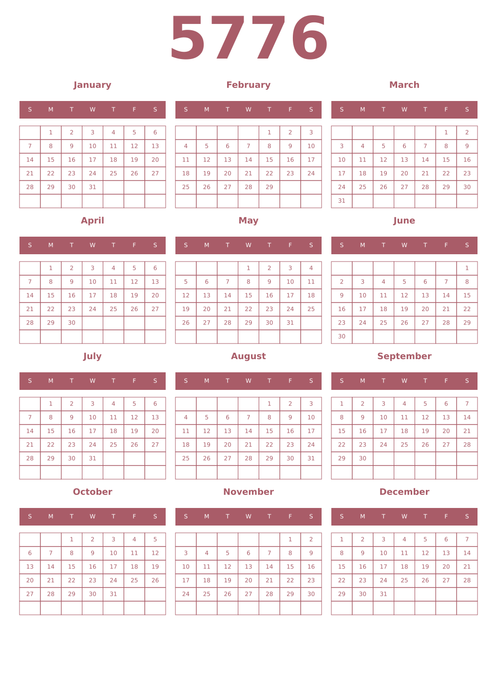 Printable 5776 Year Calendars puce
