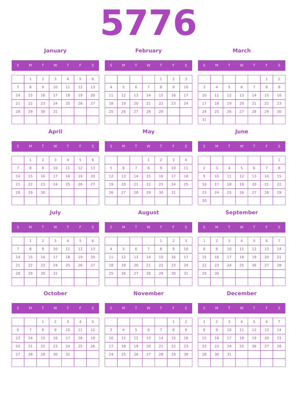 Printable 5776 Year Calendars purple