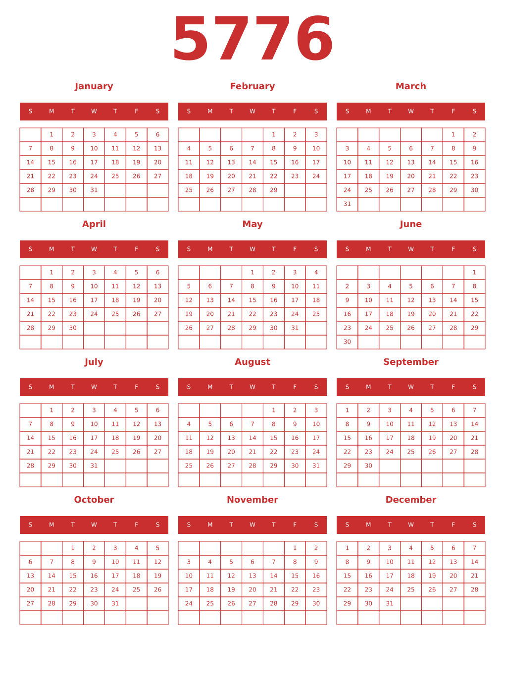 Printable 5776 Year Calendars red