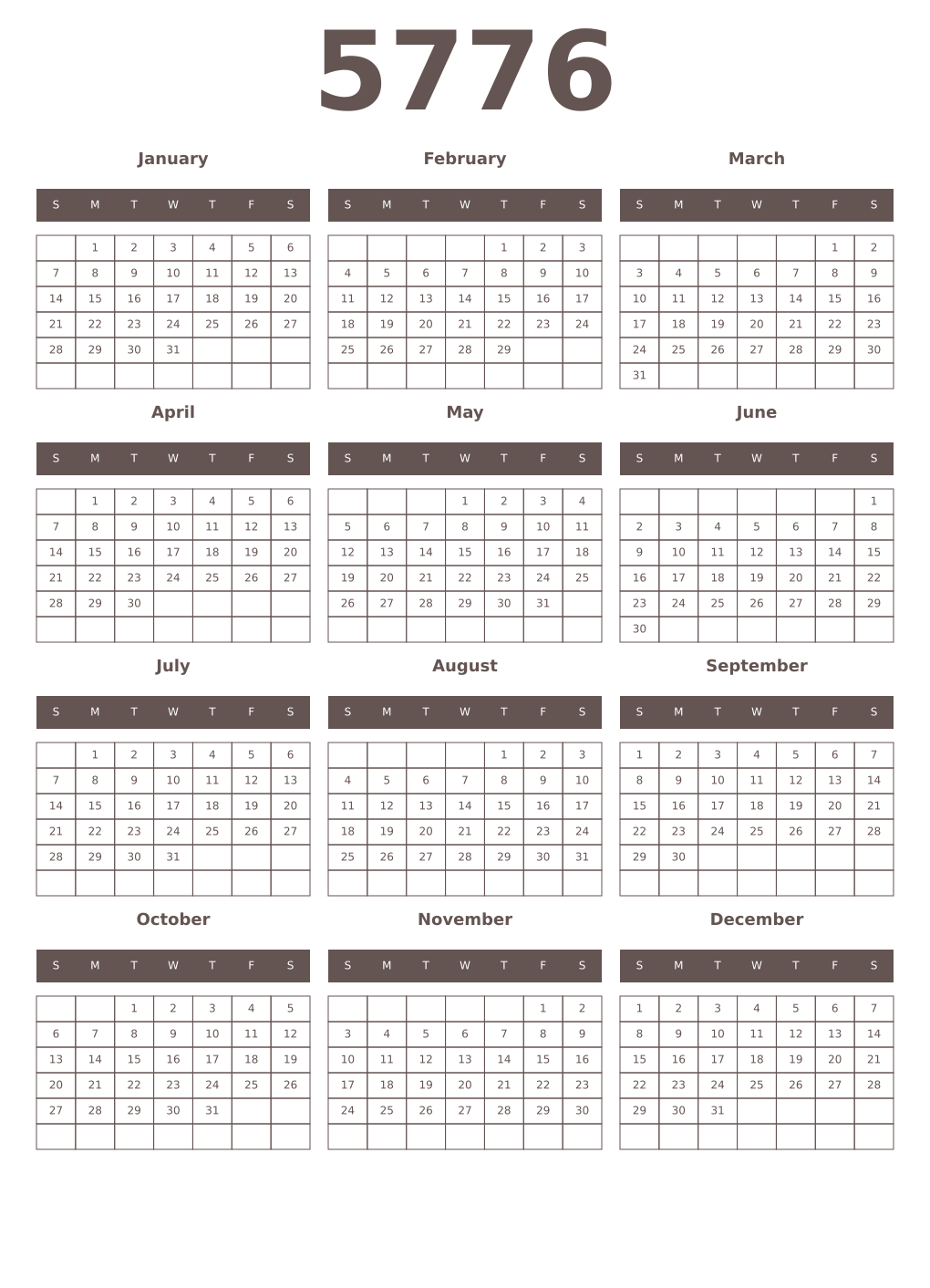 Printable 5776 Year Calendars wenge