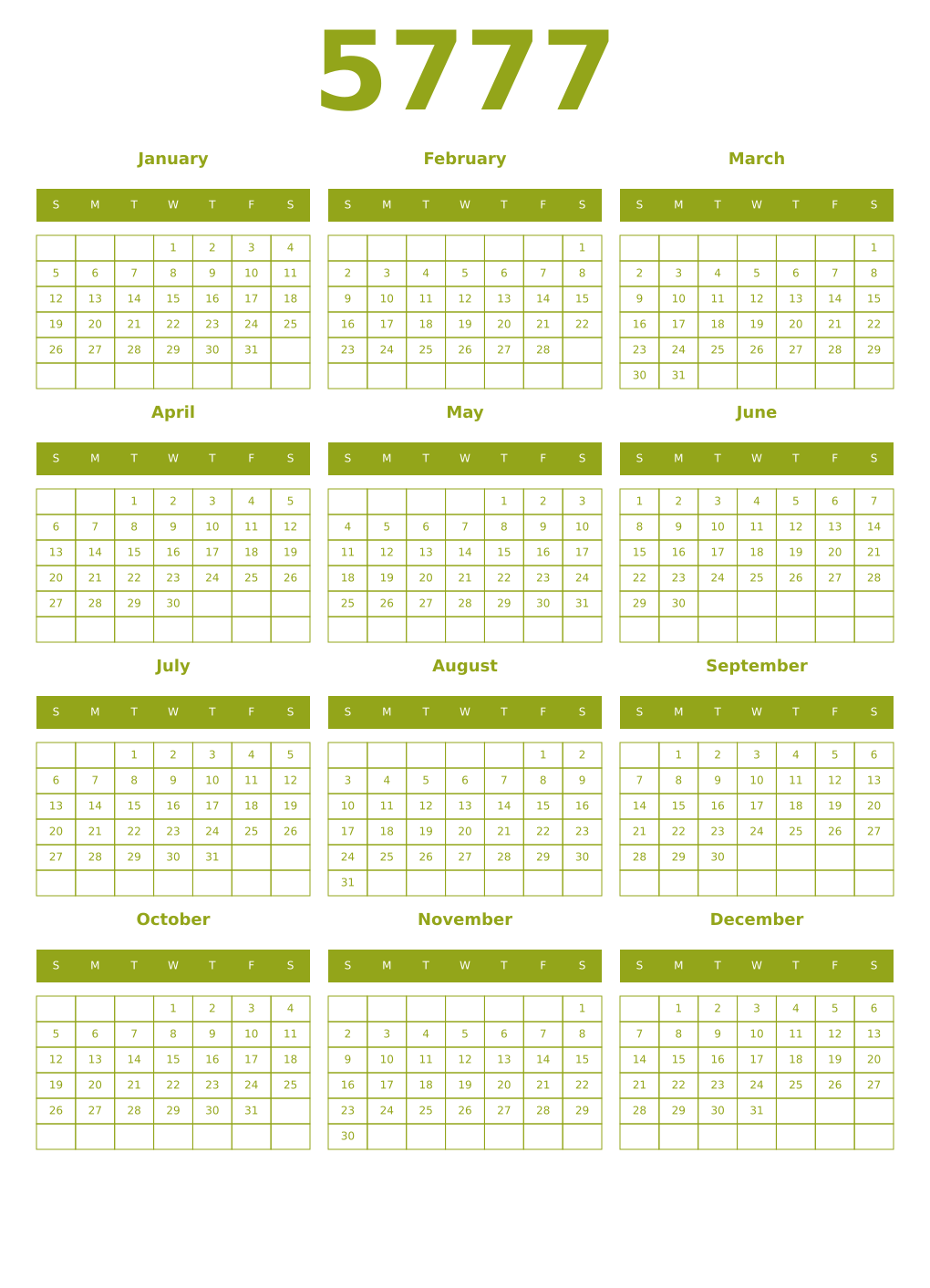 Printable 5777 Year Calendars chartreuse