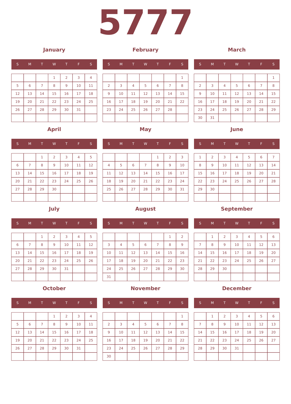 Printable 5777 Year Calendars cordovan