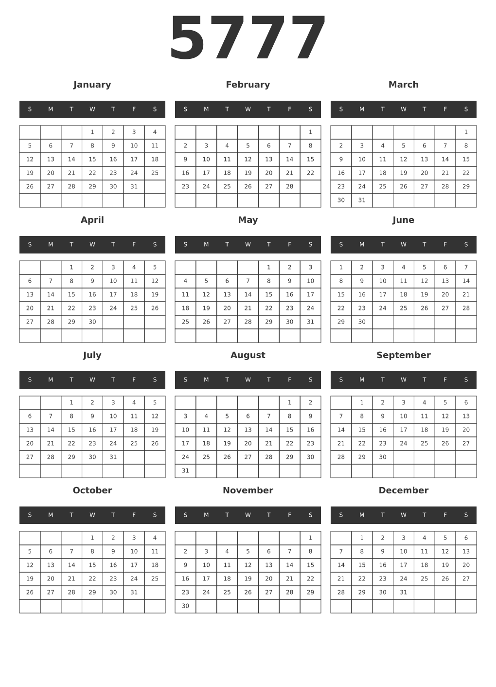 Printable 5777 Year Calendars dark