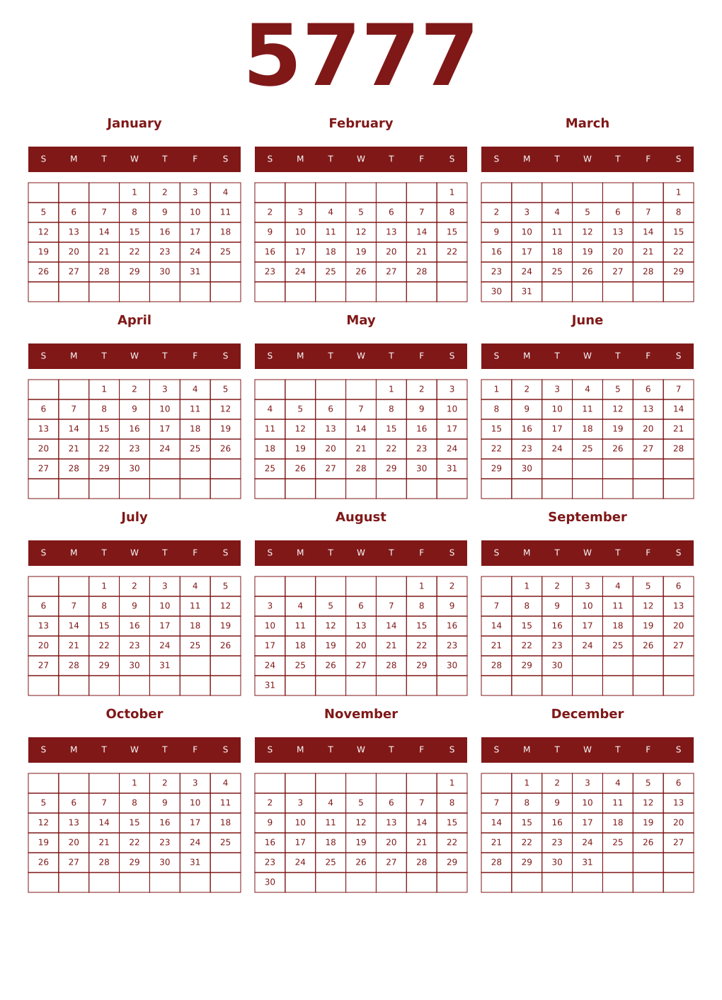Printable 5777 Year Calendars falu