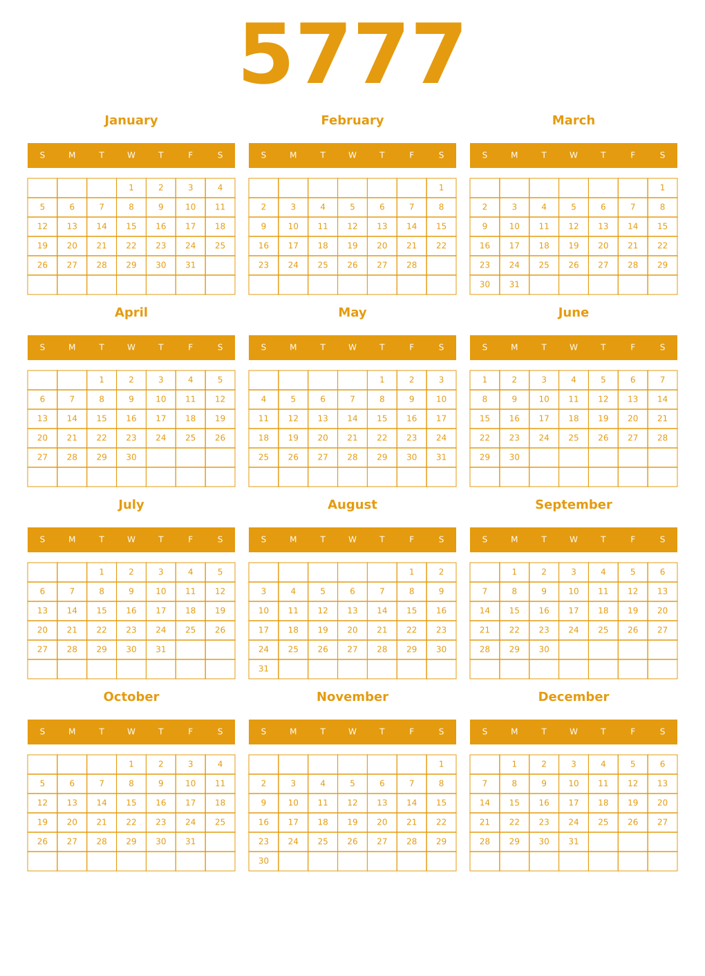 Printable 5777 Year Calendars gamboge