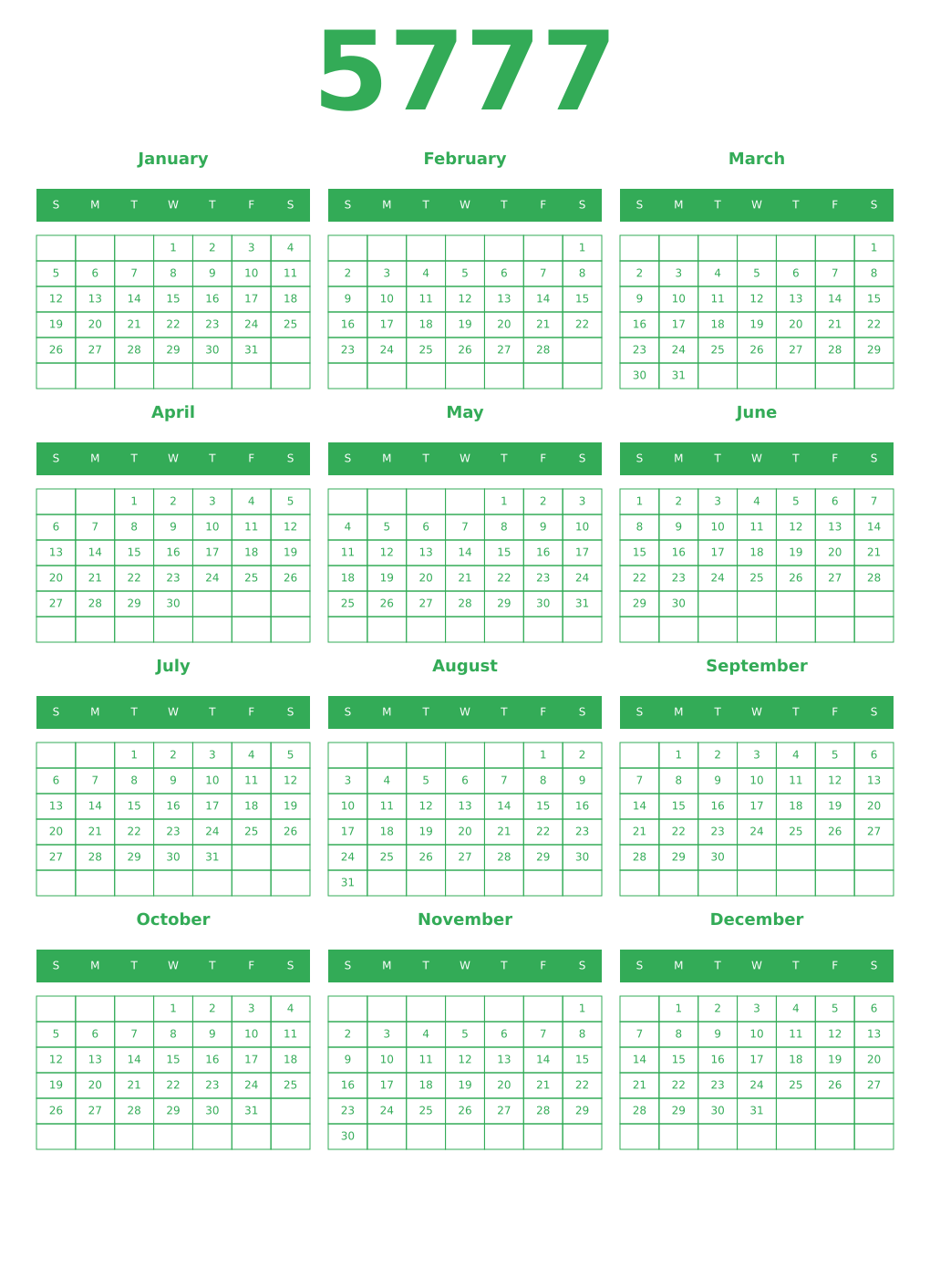 Printable 5777 Year Calendars green