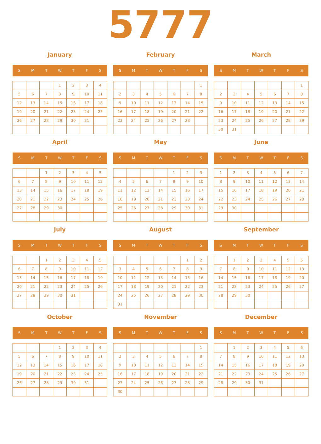 Printable 5777 Year Calendars orange
