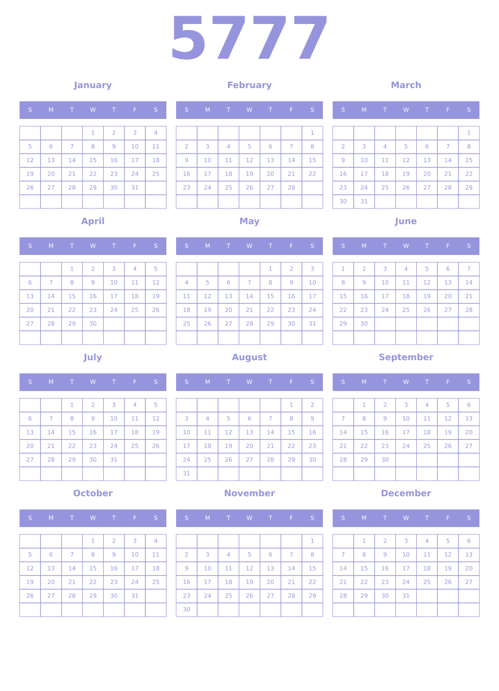 Printable 5777 Year Calendars periwinkle