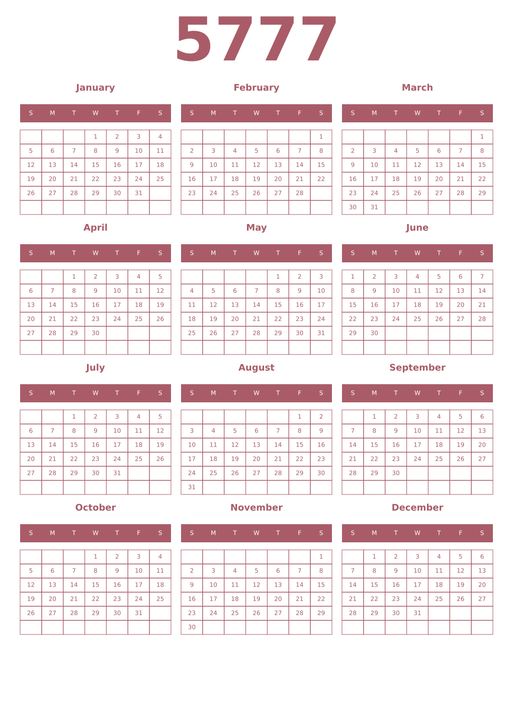Printable 5777 Year Calendars puce