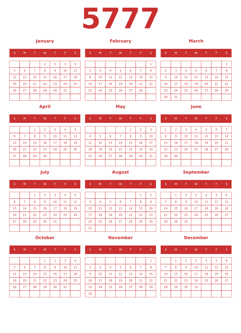 Printable 5777 Year Calendars red