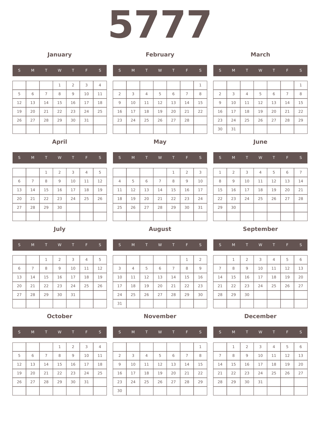 Printable 5777 Year Calendars wenge