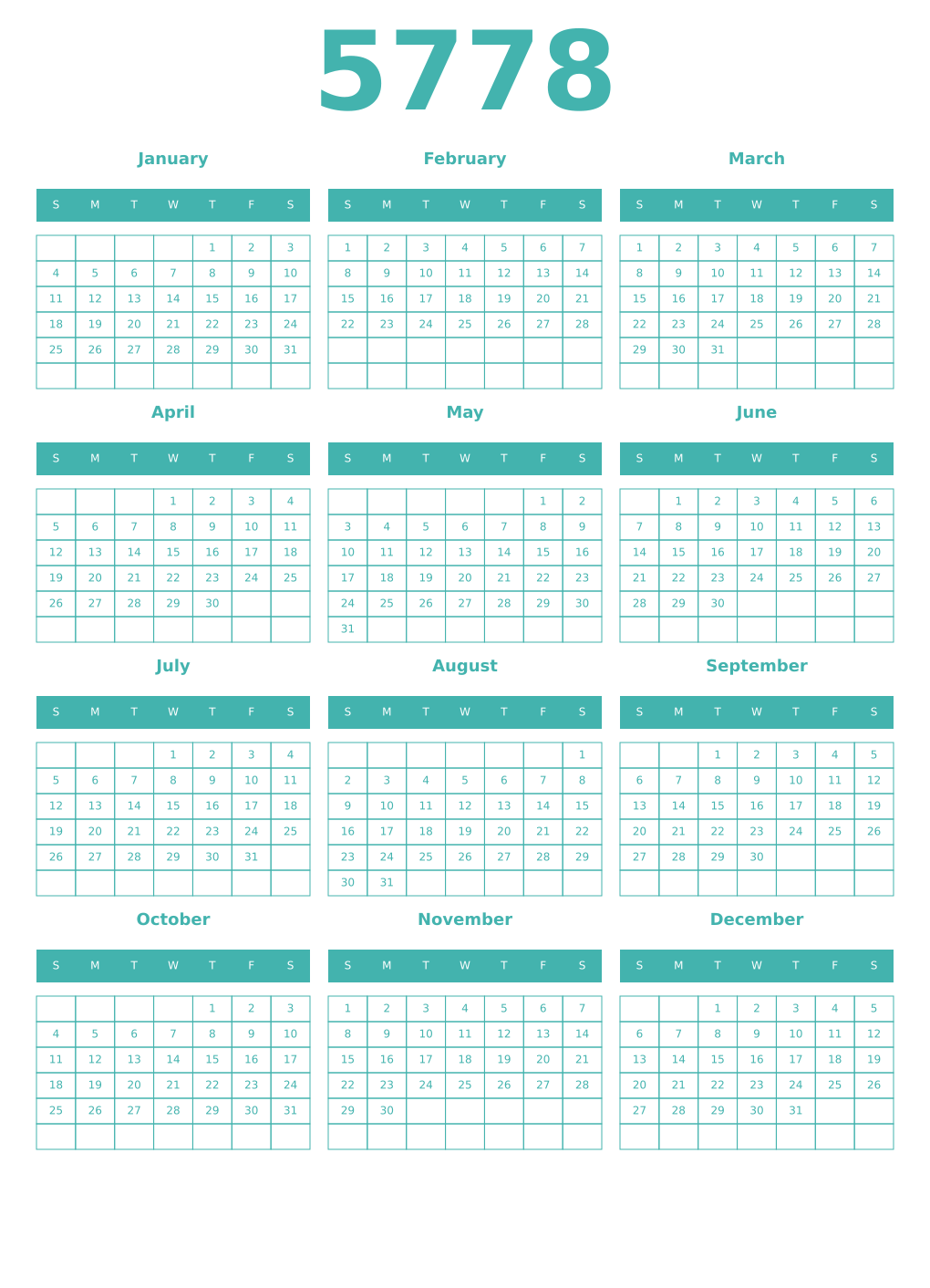 Printable 5778 Year Calendars verdigris