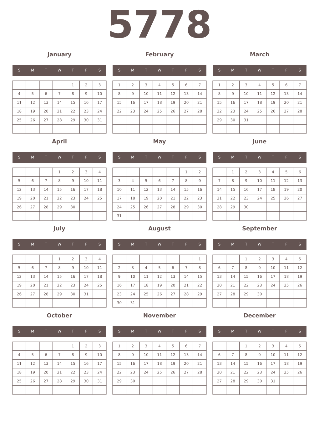 Printable 5778 Year Calendars wenge