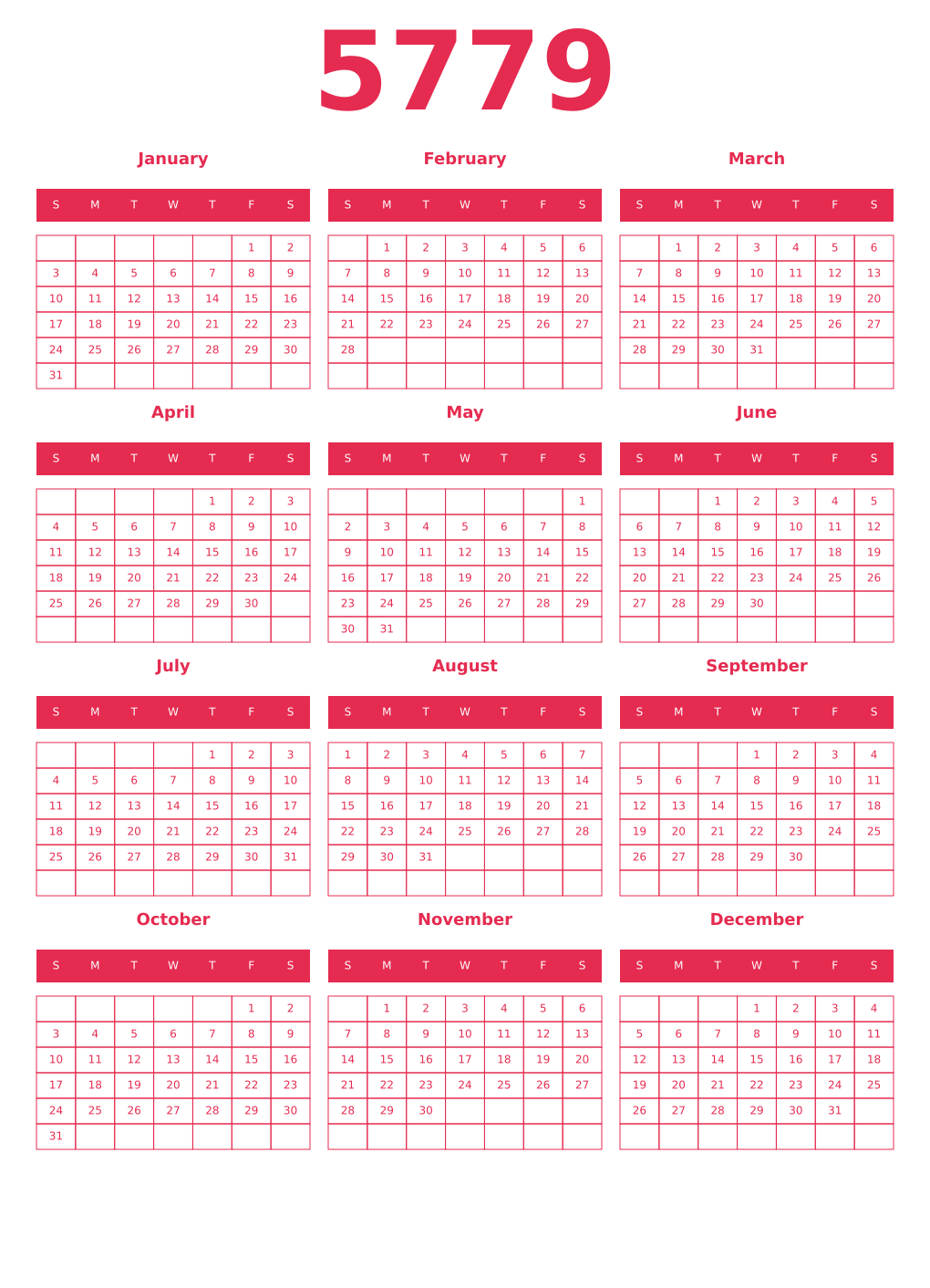 Printable 5779 Year Calendars amaranth