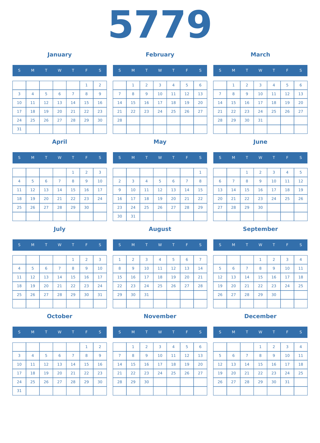 Printable 5779 Year Calendars blue