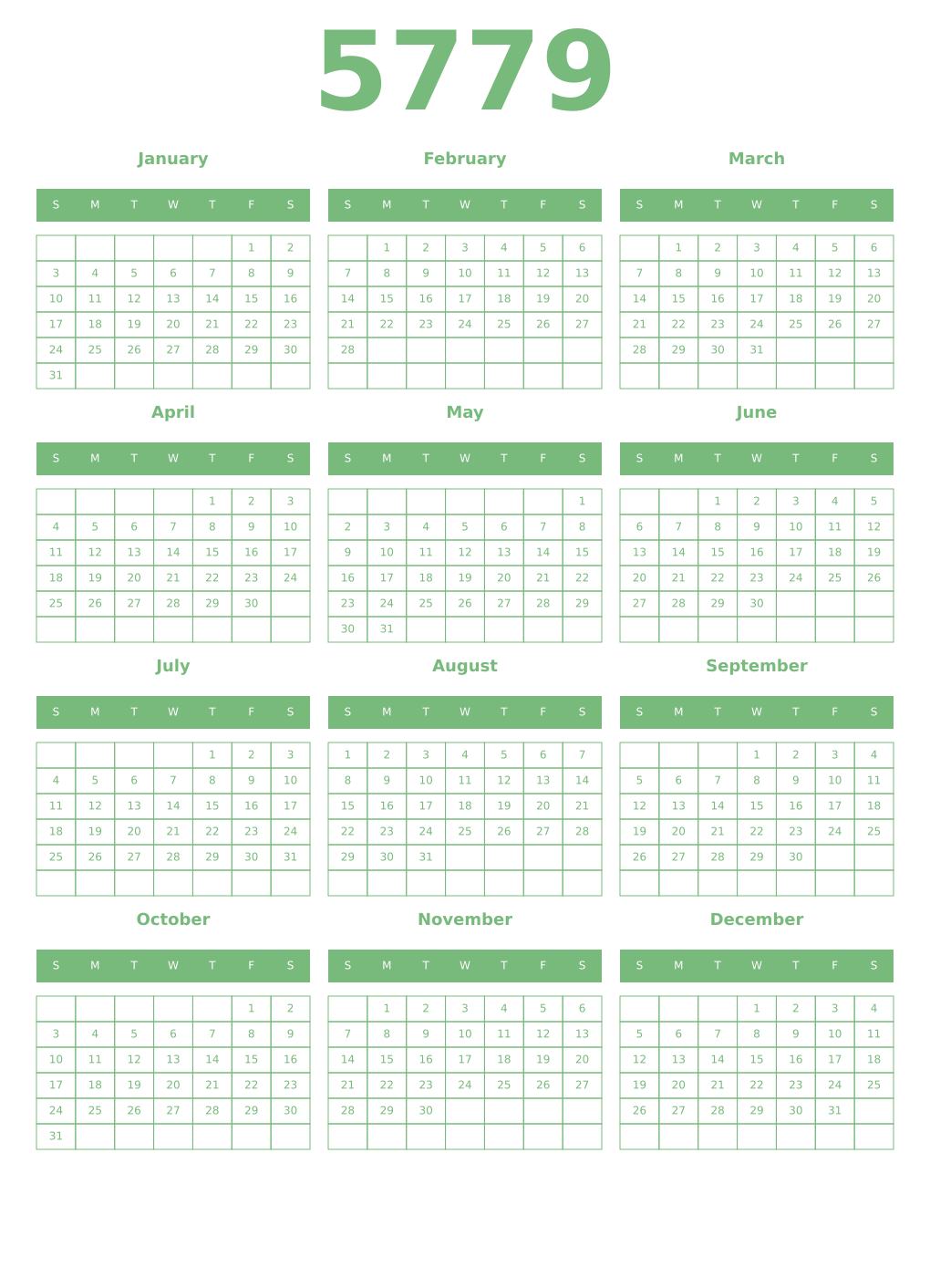 Printable 5779 Year Calendars celadon
