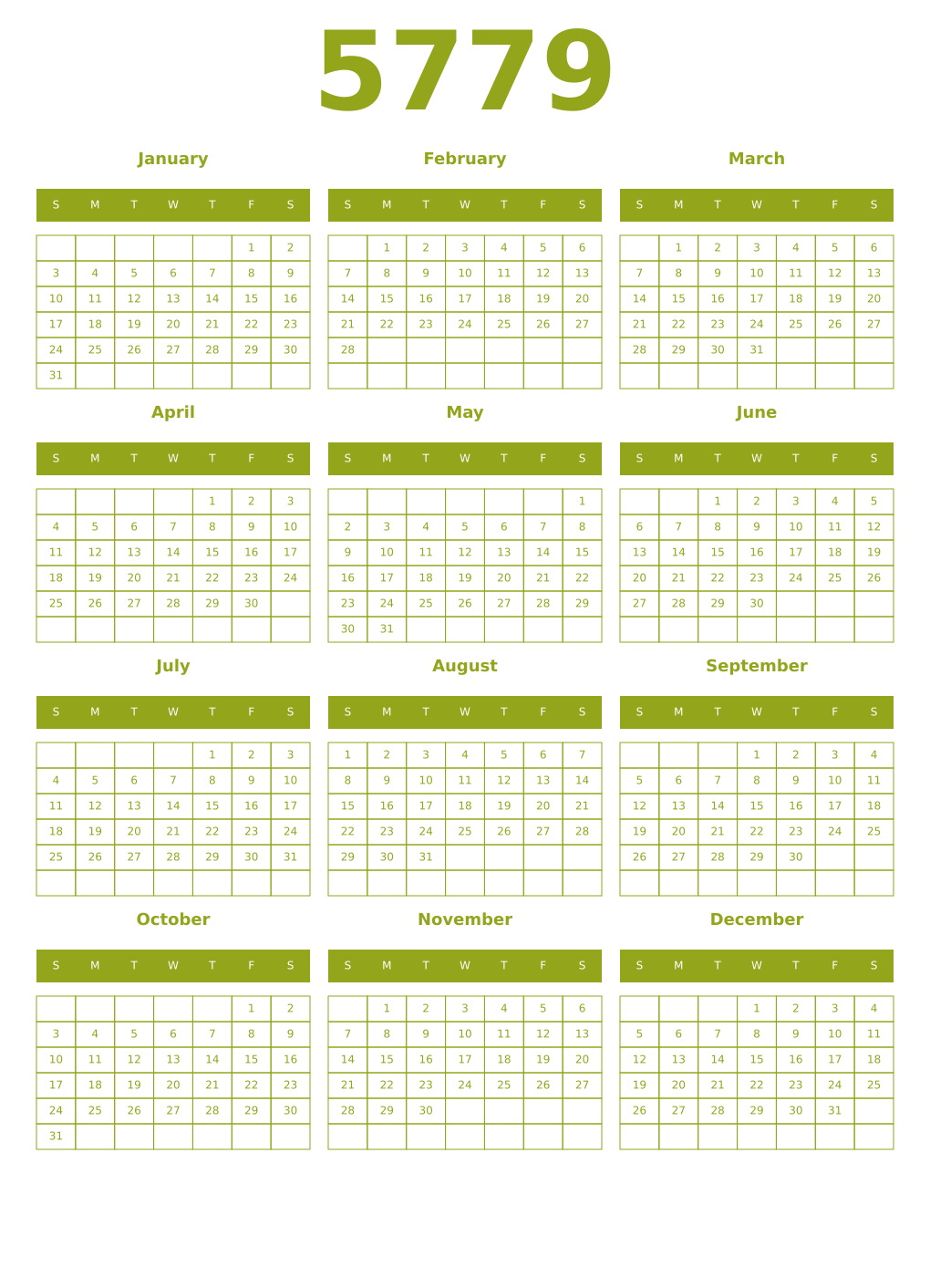 Printable 5779 Year Calendars chartreuse