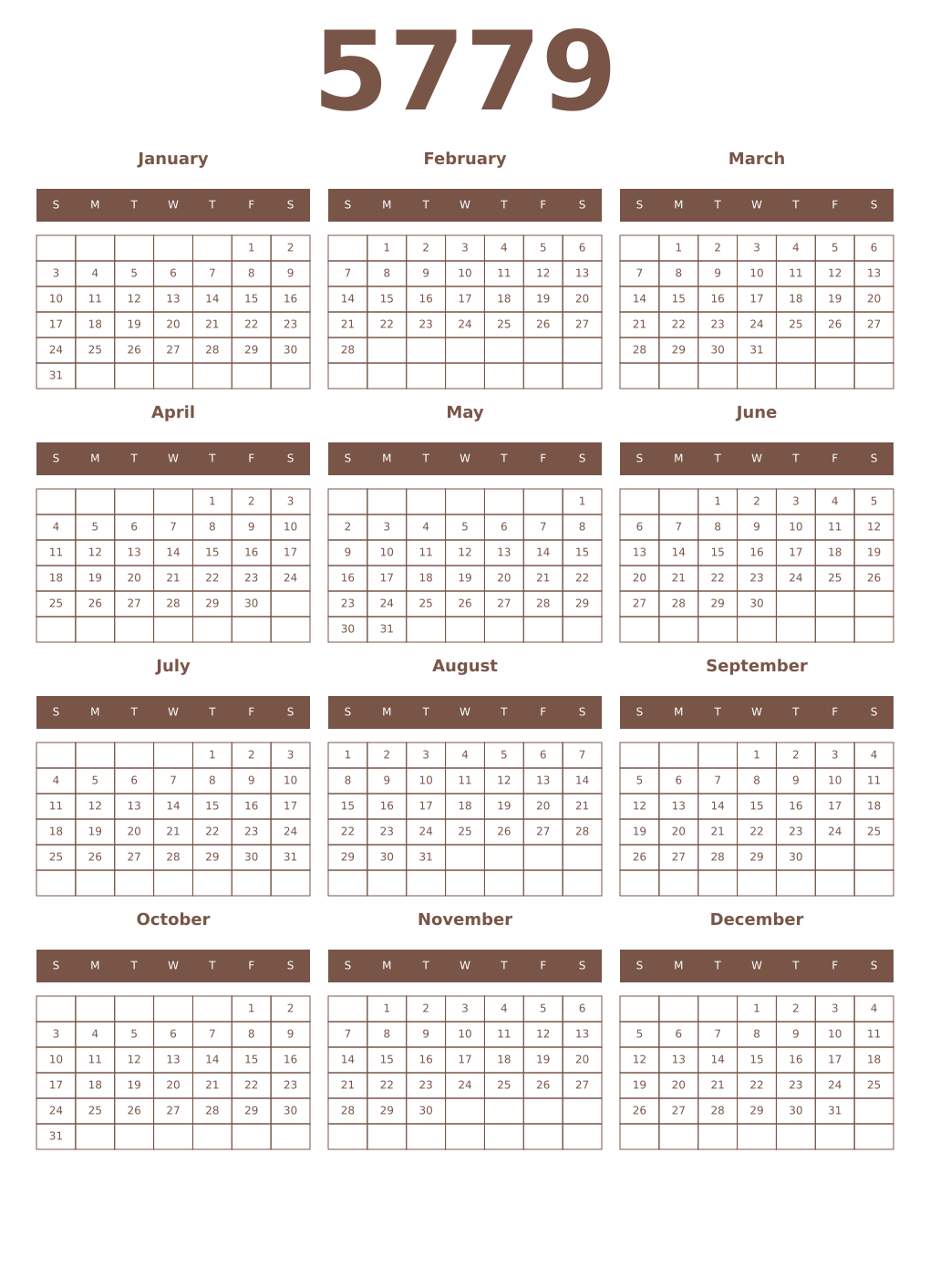 Printable 5779 Year Calendars coffe