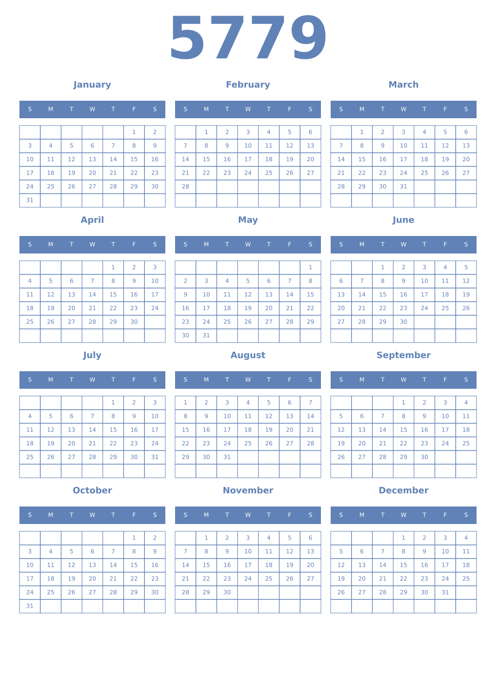 Printable 5779 Year Calendars glaucous