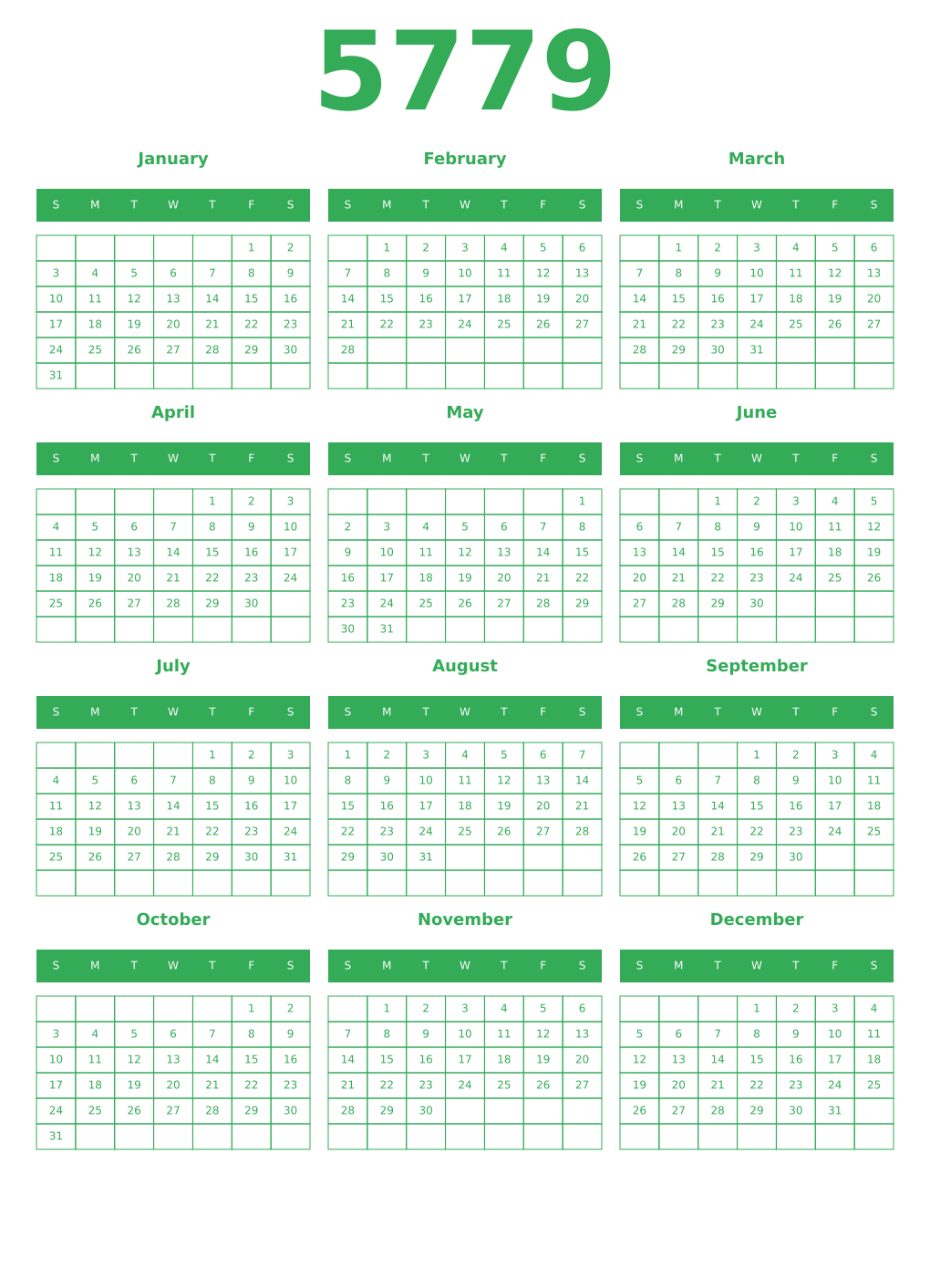 Printable 5779 Year Calendars green