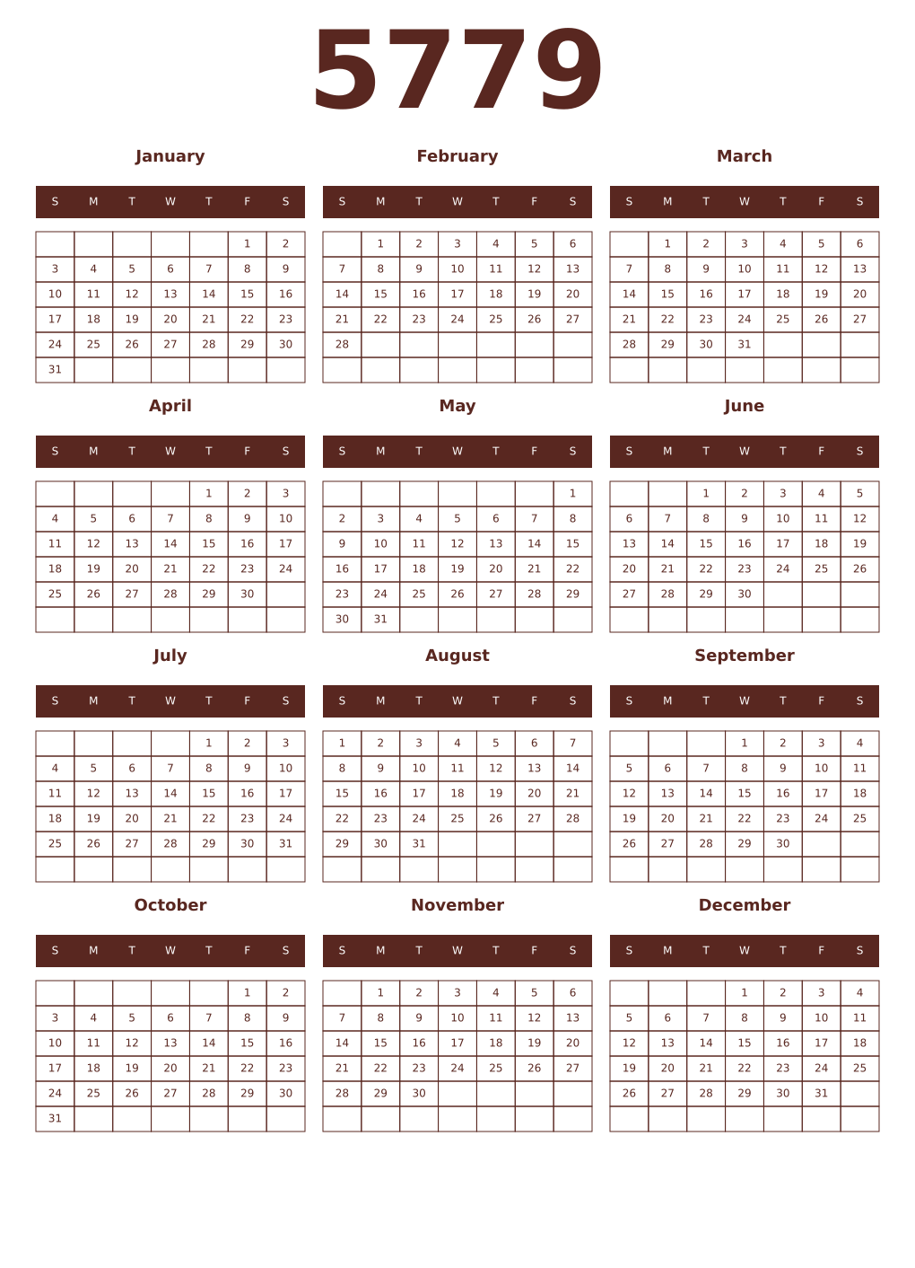 Printable 5779 Year Calendars mortuum
