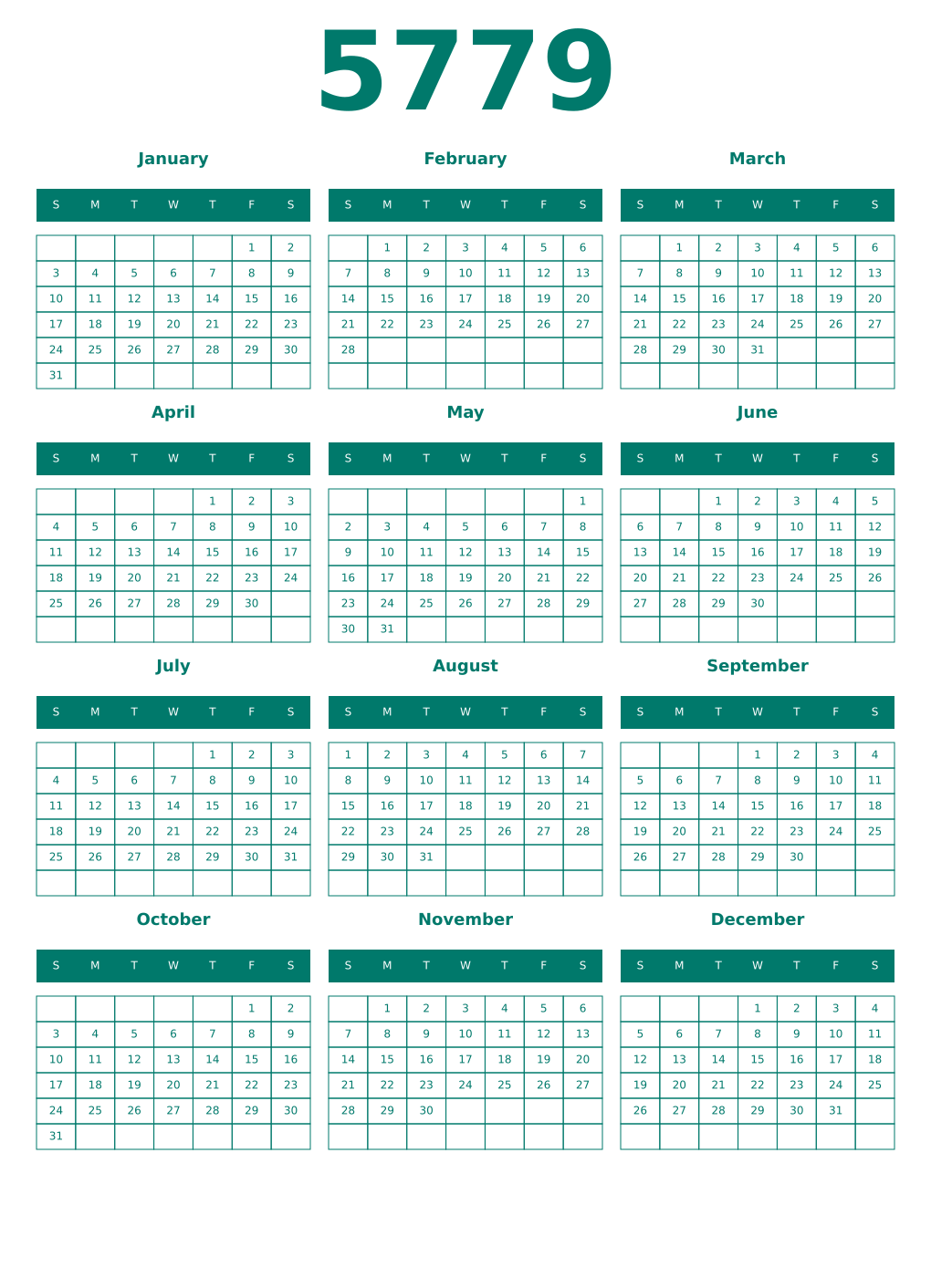 Printable 5779 Year Calendars pastel
