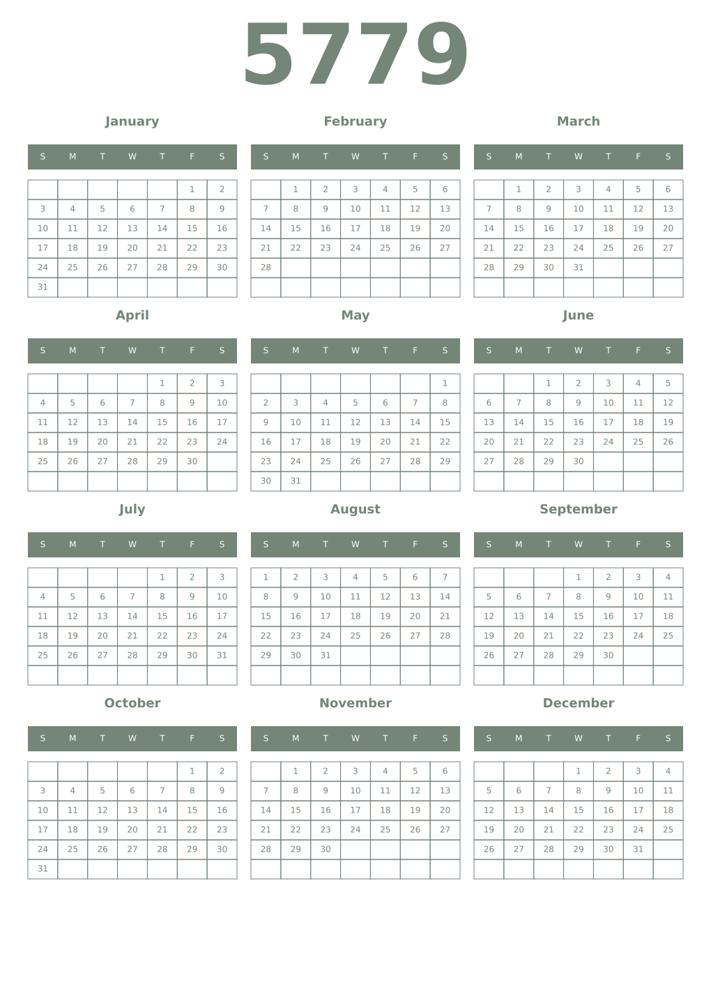 Printable 5779 Year Calendars xanadu
